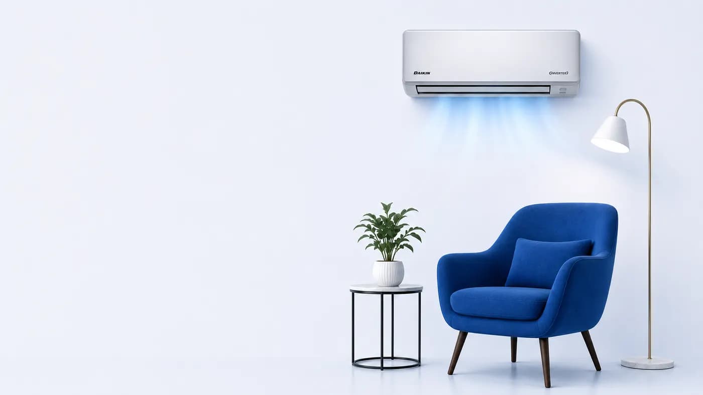 Daikin AC above a modern living corner with blue chair and floor lamp